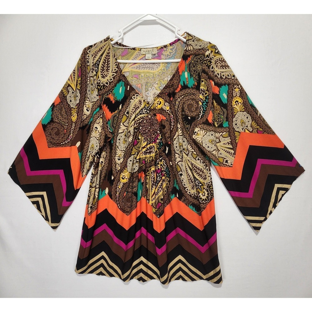 One World Women's Y2K Multicolor Rhinestone Boho Blouse Size L